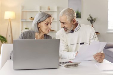 Online emekli aile, dizüstü bilgisayarda aylık bütçeyi yöneten çift, mali evrak işleriyle uğraşıyor, e-bankacılık başvurusunu kullanarak vergi ödüyor, ev giderlerini hesaplıyor, bilgisayar bildirimi yapıyor.