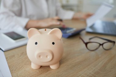 Finans ve iş. İş dünyasının finans direktörünün ofisindeki kumbarayı kapat. Şirket bütçesinin sembolü olarak domuz kumbarası. Hesap makinesiyle çalışan kadının arka planı..