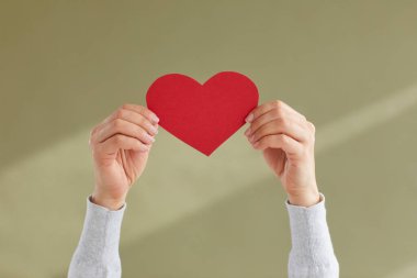 Genç kadınların ellerinin kırmızı kağıt kalbi tutması blog beğeni, sempati ya da onay sembolü olarak. Yeşil arka planda kalbi olan bir kadın. Sosyal ağ, sevgi ya da hayırseverlik kavramı.