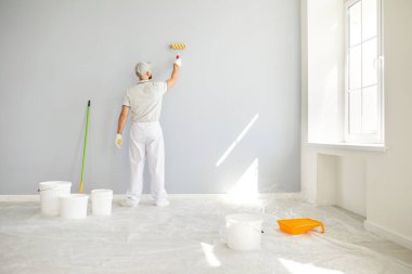 Beyaz üniformalı erkek ressamın arka görüntüsü boya silindiriyle açık gri duvar boyuyor. Parlak geniş bir odada duran profesyonel işçi, yeni evdeki inşaat işleriyle ilgileniyor..