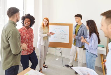 Grup beyin fırtınası, iş arkadaşlarıyla veri rapor etmeyi planlayan ekip çalışanları, beyaz tahtada istatistik grafikleri sunan, danışman, koç, proje lideri ofis toplantısında konuşan, sunum sunumu yapan