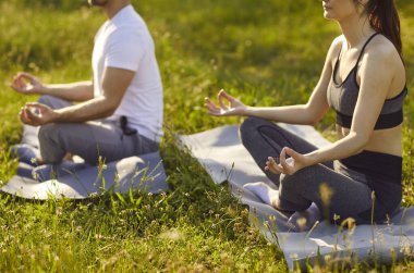 Yogi çifti dışarıda yeşil çimlerde poz veriyor, Mudra jesti, meditasyon yapıyor, rahatlatıcı aktiviteler yapıyor, arkadaşlar doğada farkındalık yapıyor, huzurlu ortamların tadını çıkarıyorlar, huzur içinde.