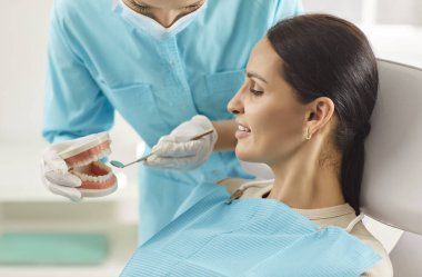 Stomatolog doktor, ortodontist diş modeli gösterisi, hasta kadın kliniği oral sağlık tedavisi, dişçi muayenesi, diş bakımı, diş bakımı, doktor muayenesi, beyazlatıcı diş tedavisi, stomatoloji kliniği. 