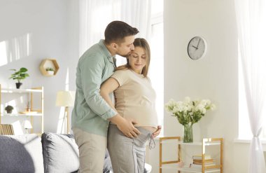 Mutlu koca, genç hamile karısına sarılıp öpüyor. Oturma odasında duruyor. Genç bir çift ve bebek bekleyen müstakbel ebeveynler. Hamilelik, annelik ve ebeveynlik kavramı.