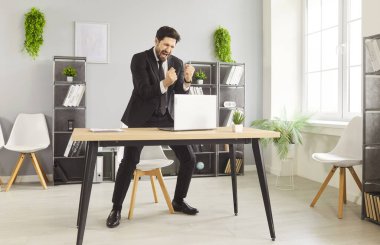 Zafer kutlamaları, iş adamlarının iş başarısı. Kazanan bir jest ve yüzündeki çılgın gururlu ifade. Ofis masasında dizüstü bilgisayarlı bir adam var ve evet diye bağırıyor. Kazanma konsepti