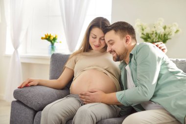 Bakıcı koca hamile kadının karnına dokunuyor, doğmamış bebeğe sevgi ve ilgi gösteriyor, çocuk doğurmayı bekliyor, oturma odasında koltukta poz veriyor. Mutlu ebeveynlik ve hamilelik kavramı