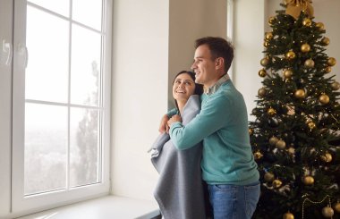 Evli çift Noel veya yeni yıl boyunca boş zamanlarını evde geçirir, kucaklaşır ve pencereden dışarı bakarlar. Birlikte, rahat bir atmosferde tatil sezonunun huzurlu anlarının tadını çıkarıyorlar..