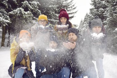 Portrait of smiling young people in outerwear walk together in snowy park, blow snow at camera. Happy friends have fun playing snowballs on inter holiday or vacation in forest.