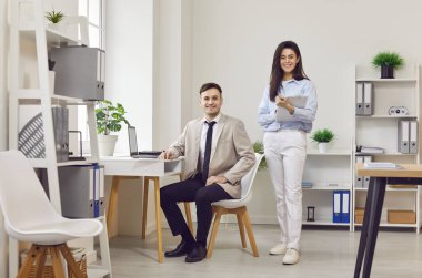 Business professional office people portrait, man, woman together standing in modern work place area happy young employees, corporate staff assistant working, human resource, workmates meet, secretary