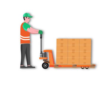 Kutusu olan bir depocu. Web için bir depo çalışanı vektör simgesinin karikatür çizimi