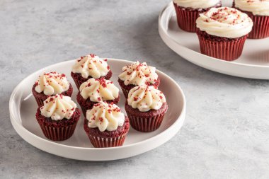 Mini kırmızı kadife kekler beyaz tabakta, arka planda.