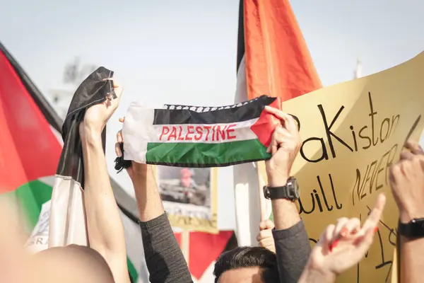 Fyr Med Palæstinensisk Flag Protest Royaltyfrie stock-billeder