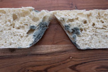 Ahşap kesme tahtasındaki küflü ekmek parçası. Küf içinde çürümüş bir somun ekmek mutfak tahtasının üzerinde çürüyor. Ahşap atık kavramı.. 