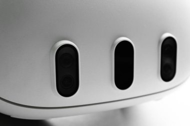 Closeup of the VR headset front cameras. Detail of built-in cameras of virtual reality headset. Selective focus.
