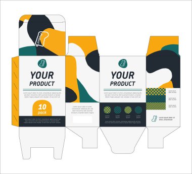 Tekstil, spor ya da güzellik ürünleri için ambalaj tasarım şablonu düzeni. Konsept kartpostal ölüm çizgisi. Çorap logosuyla damgalama şablonu. Yazdırmaya hazır