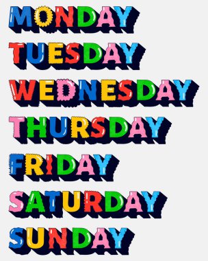 Haftanın birkaç günü rengarenk. Beyazda izole edilmiş. Pazartesi, Salı, Çarşamba, Perşembe, Cuma, Cumartesi, Pazar