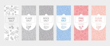 Tuz seti, kavanoz ve şişe etiketleri: Tablo tuzu, deniz tuzu, Pembe Himalaya tuzu, kaya tuzu, Fleur de sel, Flake tuzu, kırmızı, pembe, beyaz
