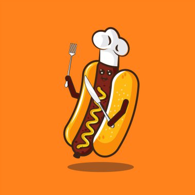 Hotdog karakter tasarımı şef çatal ve bıçak çizimi maskot
