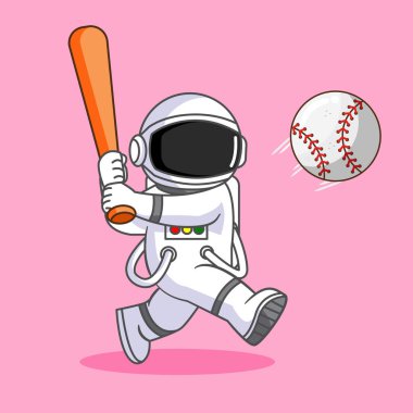 Sevimli astronot beyzbol sopası vektör illüstrasyon çizgi film tasarımı ile topa vuruyor
