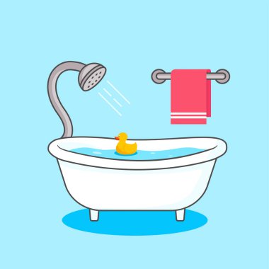 Banyo küveti, duşu ve plastik ördek illüstrasyonu olan şirin bir çizgi film sahnesi.