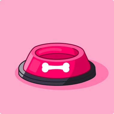 Pembe arka plan vektör illüstrasyonunda kemik şekilli pembe evcil hayvan kasesi.