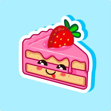 Çilekli ve gülümseyen yüzlü şirin bir pasta dilimi Kawaii Tarzı Tasarım Vektörü İllüstrasyonu
