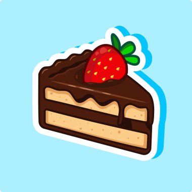 Dilimlenmiş çikolatalı pasta ve çilekli vektör çizim çizgi film tasarımı.