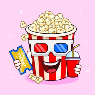 Patlamış Mısır Kovası Karakter Tasarımı 3D Gözlüklü, Film Biletli ve İçecek Vektörü Çizim Çizimi