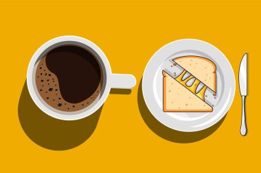 Kahve ve Izgara Peynirli Kahvaltı Vektör Çizimi Düz Tasarım