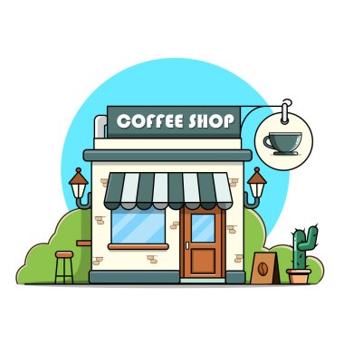 Kahve dükkanı illüstrasyon önü Kupa Sembol Vektör Çizim Çizgi Filmi Düz Tasarımı