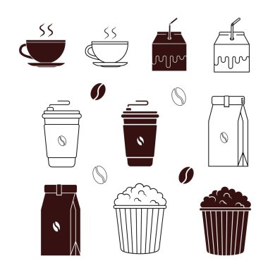 Paket İkon Sıcak Kupa Kahvesi, Kağıt Torba Kahve, Süt ve Patlamış Mısır Ana hatları ve Siluet Tarzı Vektörü