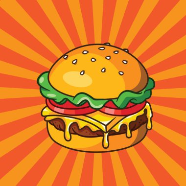 Lezzetli Çizburger Resimleri Bir Sunburst Portakal Arkaplan Vintage Posteri