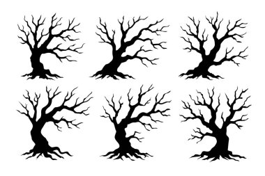 Cadılar Bayramı için Ürkütücü Çıplak Ağaçlar Koleksiyonu Vektör İllüzyonu İzole Tasarım