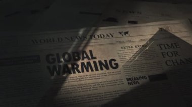 Eski retro gazetesinde küresel ısınma iklim krizi makalesi basılı haber editörlüğü arşivinde, hareketli grafikler animasyonu