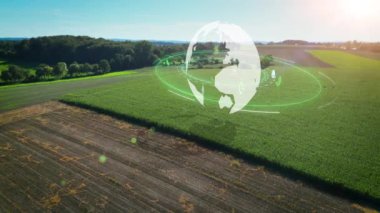 Dönen yeşil 3D küreyi iklim koruma kavramı ve tarımsal mısır tarlası ekolojisi kavramı olarak yorumladı