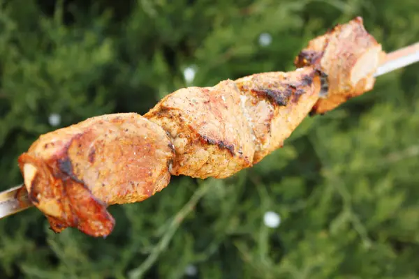 Grilování Shish Kebab Špejli Smažené Maso Ohni Špejli Smažené Maso — Stock fotografie