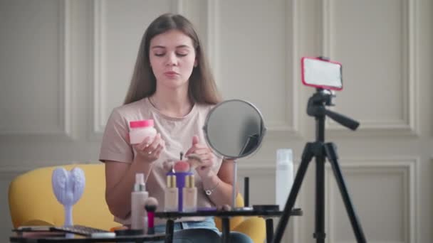 Retrato Belleza Bloguero Artista Maquillaje Profesional Streaming Línea Blog Grabación — Vídeo de stock
