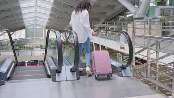 Slow Motion Shot Young Woman Suitcase Wheels Getting Downstairs Station — Stock Video