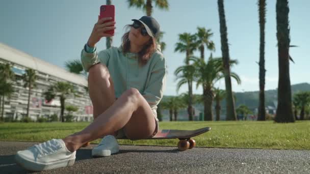 Cool Teen Girl Taking Selfie Longboard Smartphone Summer Day City — Stock Video