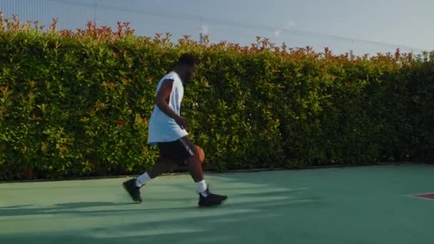 Slow Motion Shot Black Skillful Basketball Player Working Dribbling Back — Stock Video