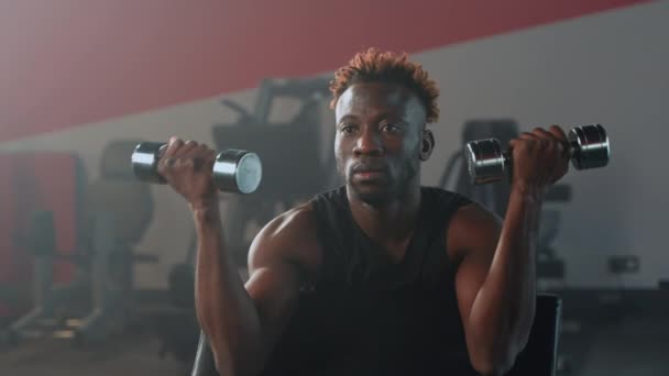 Serious Focused Afro American Athlete Working Arms Strength Exercising Dumbbells — Stock Video
