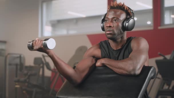 Афро Американский Мускулистый Мужчина Тренируется Гантелями Делает Бицепсы Одной Рукой — стоковое видео