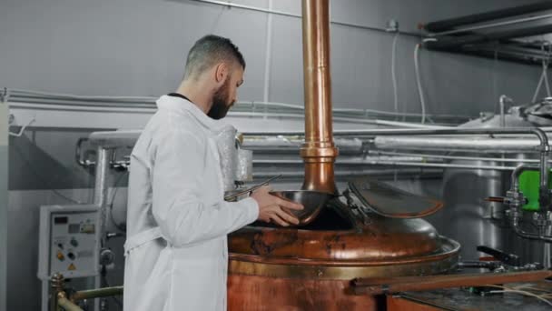 Teknoloji Uzmanı Modern Bira Fabrikasında Haşhaş Pişirmek Hazırlamak Için Tankın — Stok video