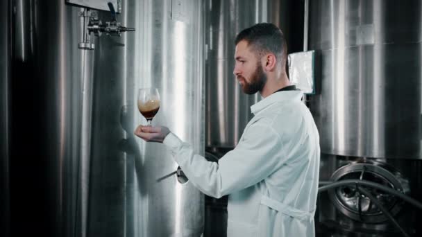 Pivovarnický Technik Prohlíží Tmavé Pivo Skle Dílně Průmyslového Pivovaru Technologie — Stock video