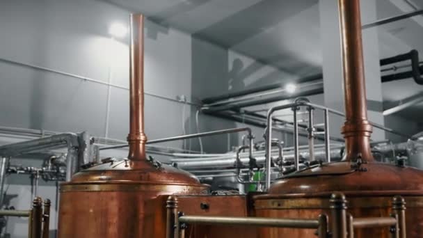 Brewery Workshop Mash Tuns Boiling Wort Copper Brew Kettles Brewhouse — Stock Video