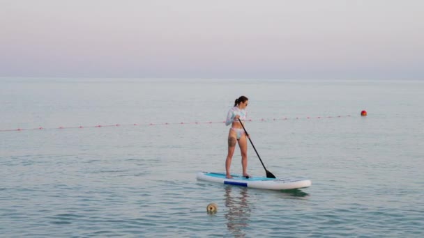 Slender Sporty Woman Standing Sup Board Paddling Keeping Balance Meditating — Stock Video