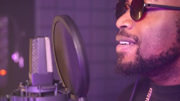 Close Shot Black Man Singer Recording New Track Soundproof Studio — Stock Video