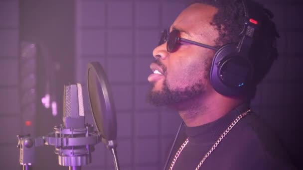 Black Man Singing Romantic Song Microphone Recording Studio Talented Musician — Stock Video