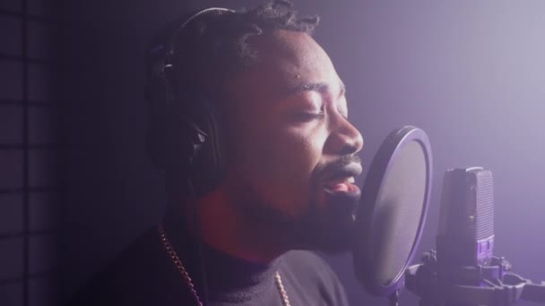Slow Motion Close Shot Black Male Singer Recording Love Song — Stock Video