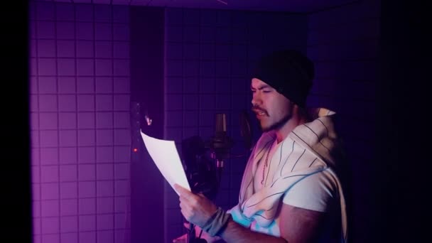 Voice Actor Recording Isolation Booth Audio Record Studio Dubbing Mixing — Stock Video